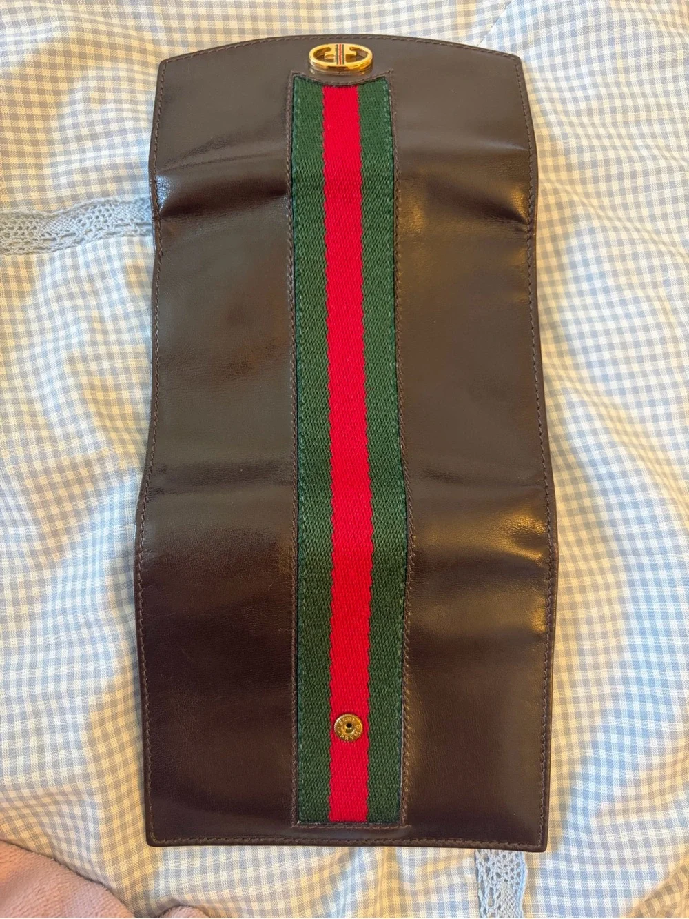 Authentic Vintage Gucci Brown Leather Men’s Wallet with Green & Red Sherry Line
